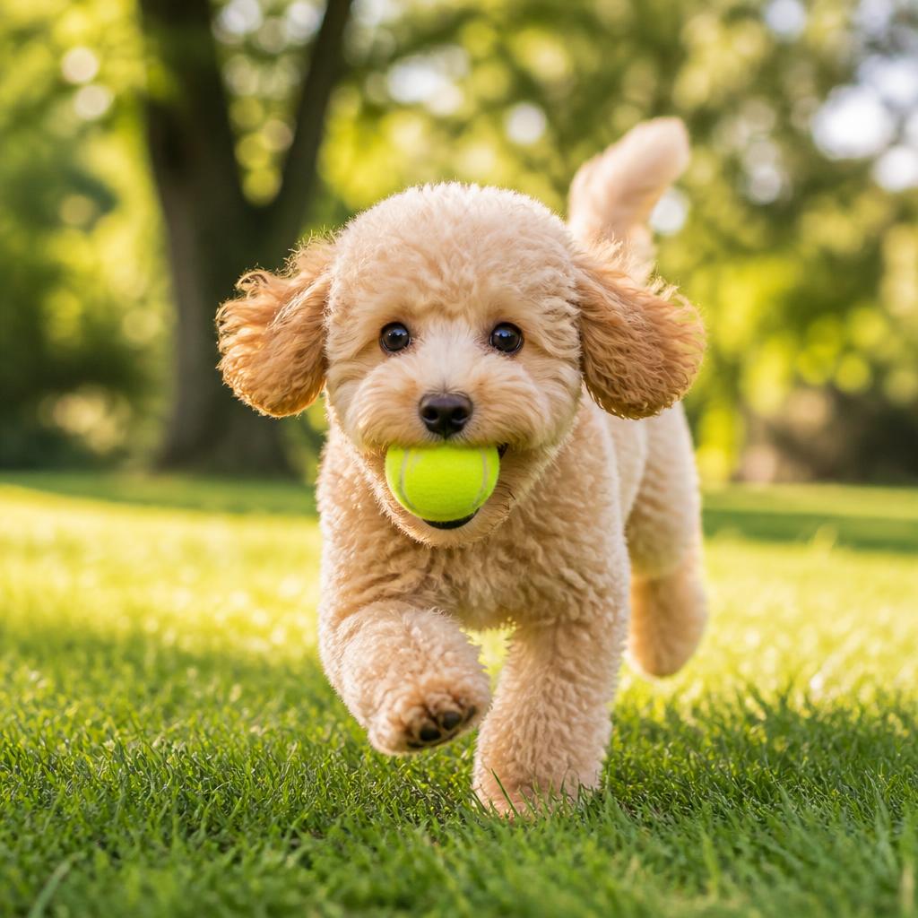 A small, fluffy apricot poodle puppy running toward the viewer with a bright tennis ball in its mouth, ears bouncing and tail wagging in a sunlit green park, no people, looking cuddly and playful.