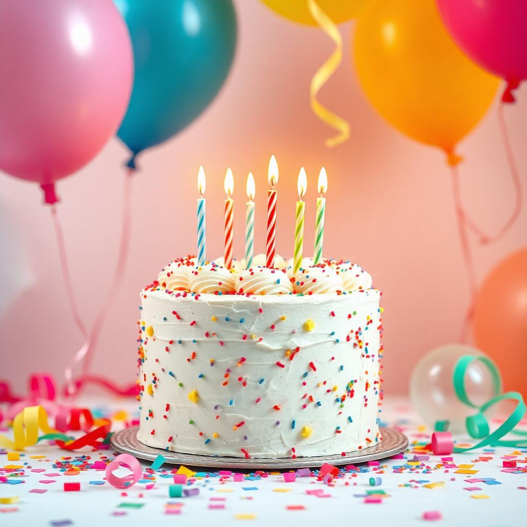 A decorated birthday cake with lit candles surrounded by colorful balloons and confetti, with no people visible, capturing joyful celebration.