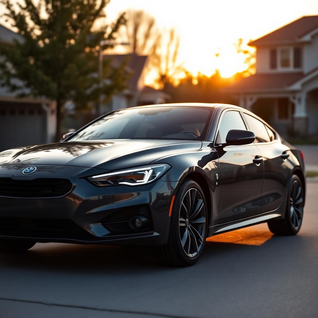 A sleek, well-maintained modern car parked on a quiet suburban driveway at golden hour, warm sunset light reflecting off the polished paint, no people, symbolizing care and maintenance in marriage.