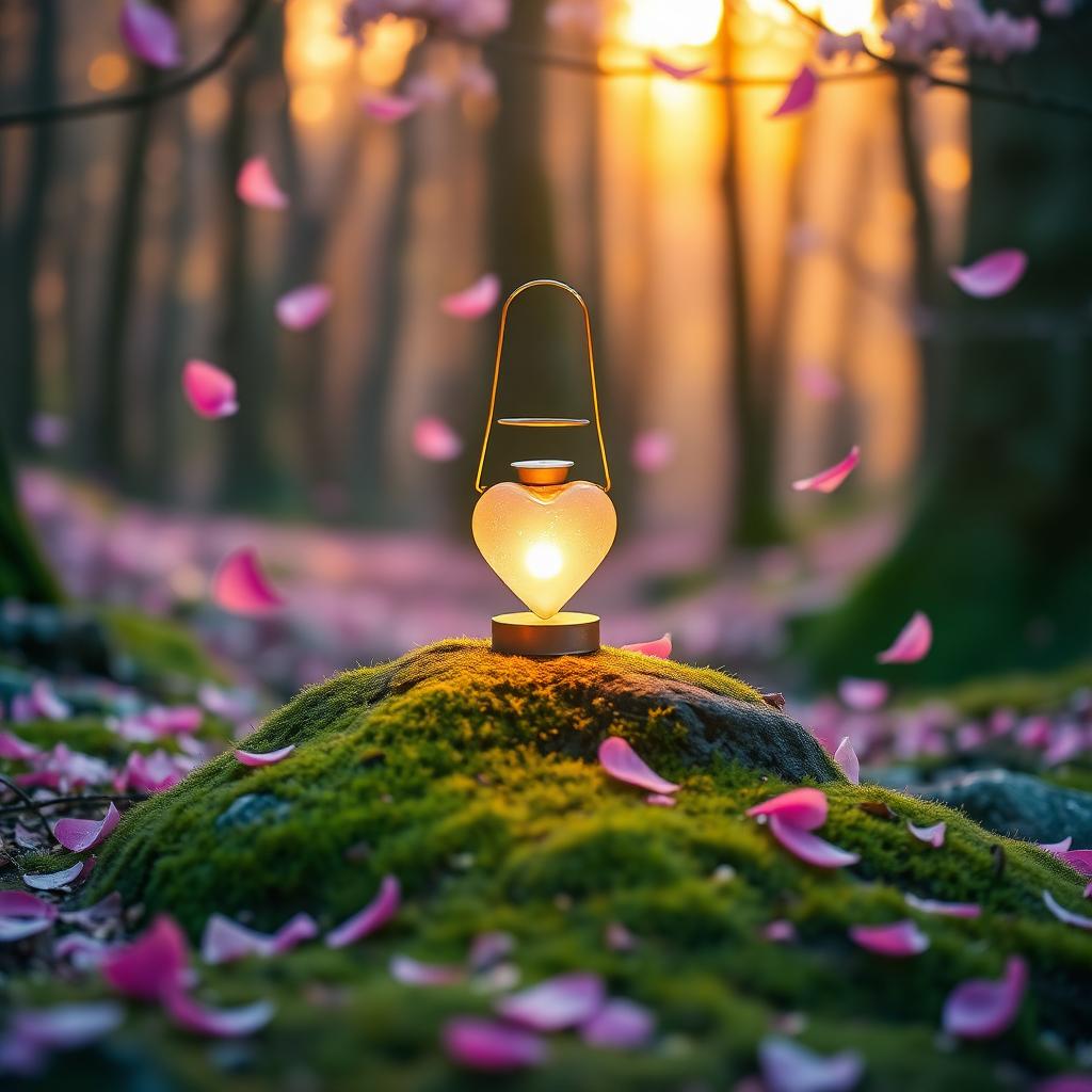 A glowing heart-shaped lantern resting on a mossy stone in a sunlit forest, surrounded by soft pink petals and warm golden light, no people, symbolizing giving love without expectation.