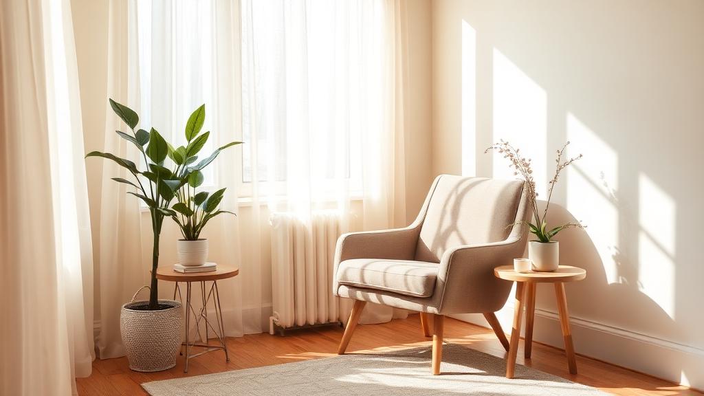 A warm, sunlit therapy office with a comfortable chair, plants, and soft neutral tones, creating a safe and inviting space for healing.