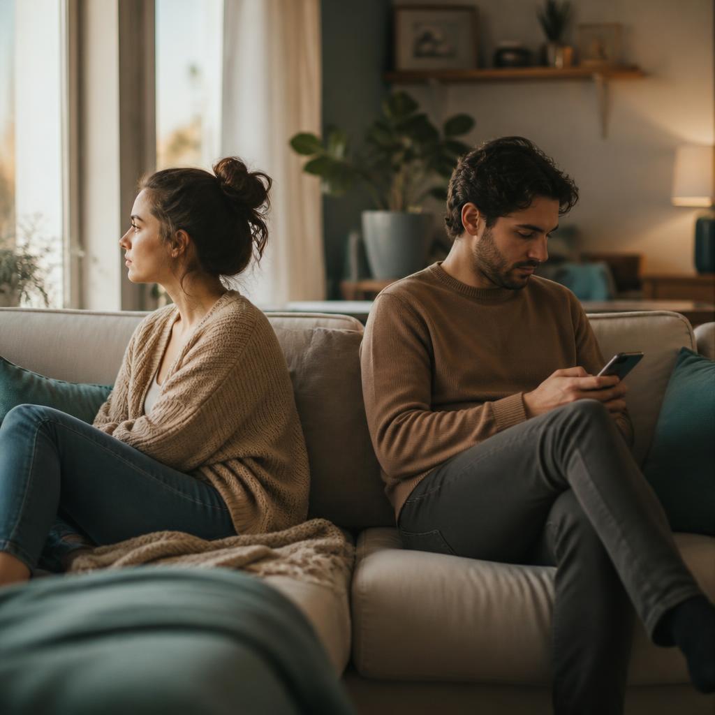 A couple sitting together on a couch but emotionally distant, illustrating how partners can quietly create distance without realizing it.