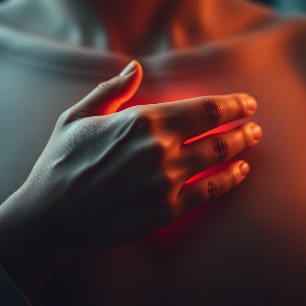 A hand gently resting over the heart in warm light.