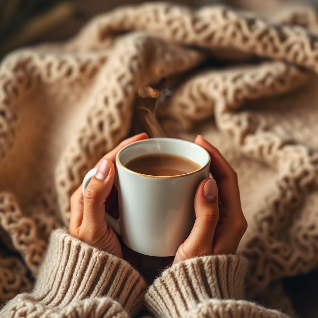 Hands cradling a warm mug wrapped in a cozy blanket.