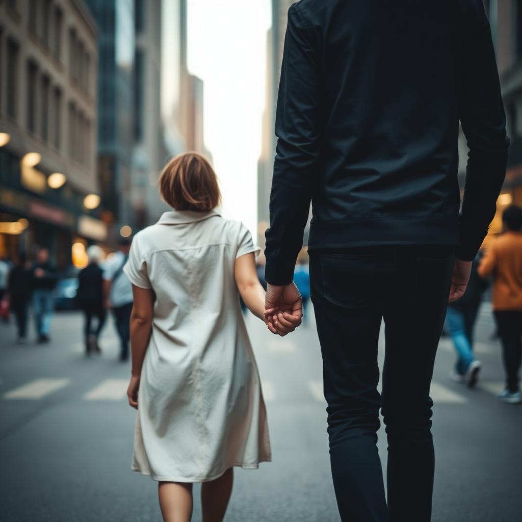 A couple holding hands walking through a blurred, busy city street.