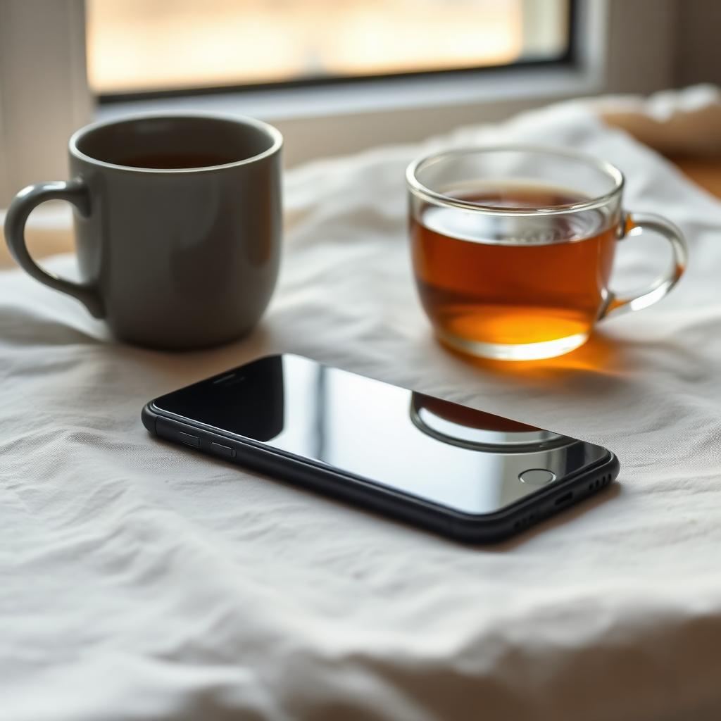 A phone lying face down next to a cup of tea in soft light.