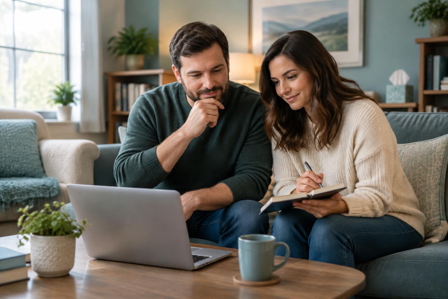 A couple sitting together on a couch, looking at a laptop and notebook as they research couples therapists.