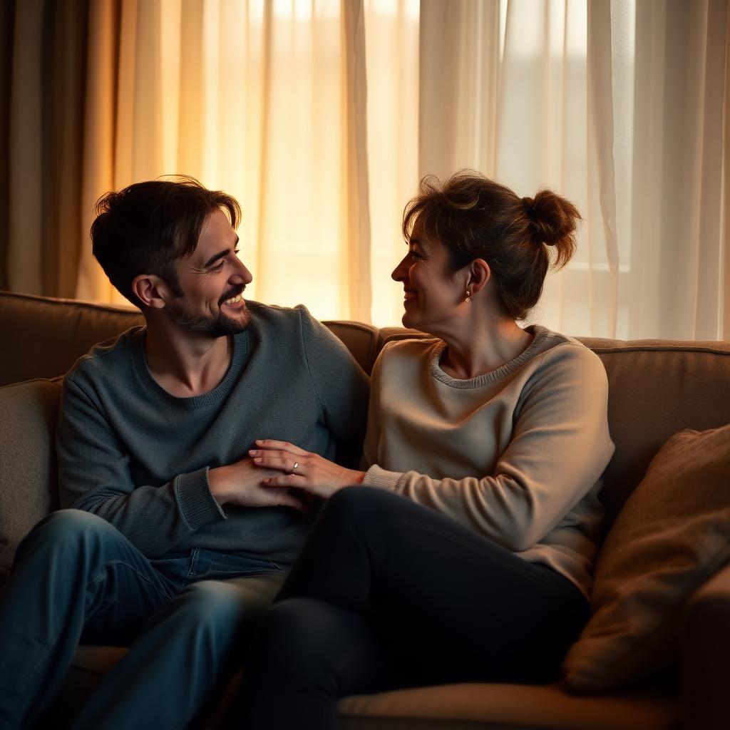 A couple sitting close on a couch in soft evening light, listening to each other.
