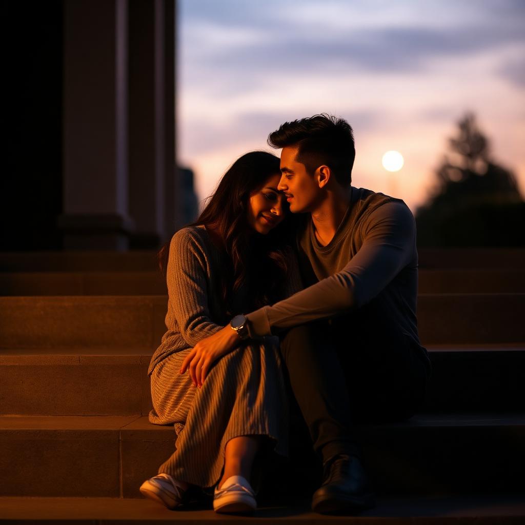 A couple sitting closely together on a step at dusk, leaning into one another.