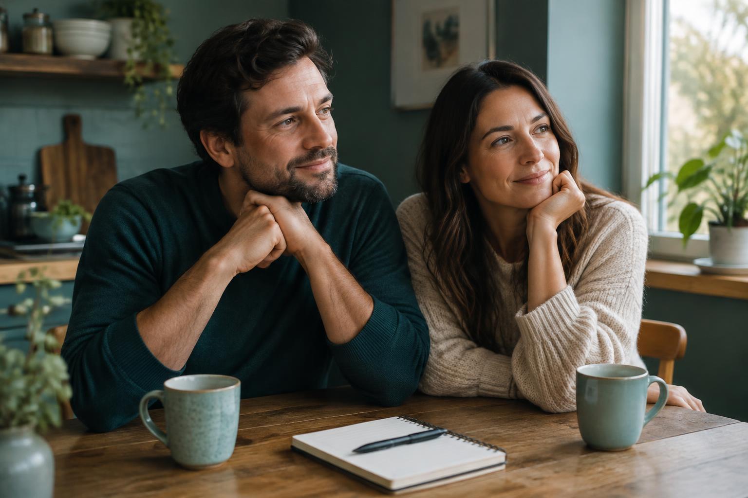 A couple sitting together at a kitchen table with coffee cups and a notebook, talking thoughtfully.