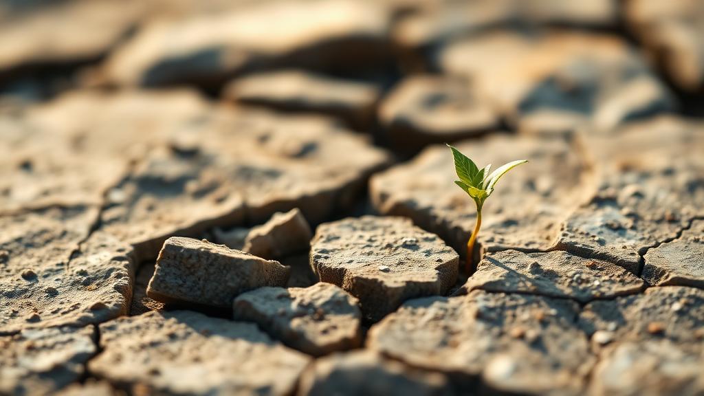A small green sprout growing through cracked weathered stone in soft morning light, symbolizing quiet resilience and healing.