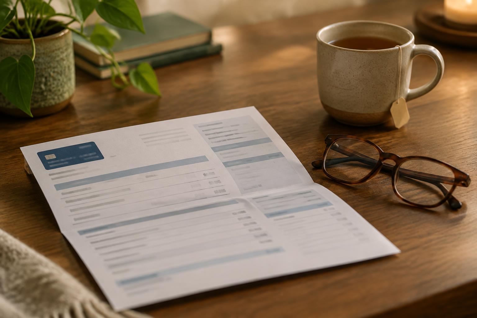 An open credit card statement on a wooden desk beside reading glasses and a mug of tea, suggesting the way small emotional expenses accumulate over time.