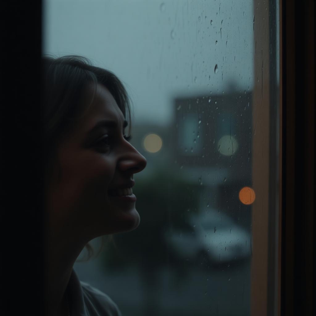 A person smiling faintly by a rainy window, calm outside, turmoil within.