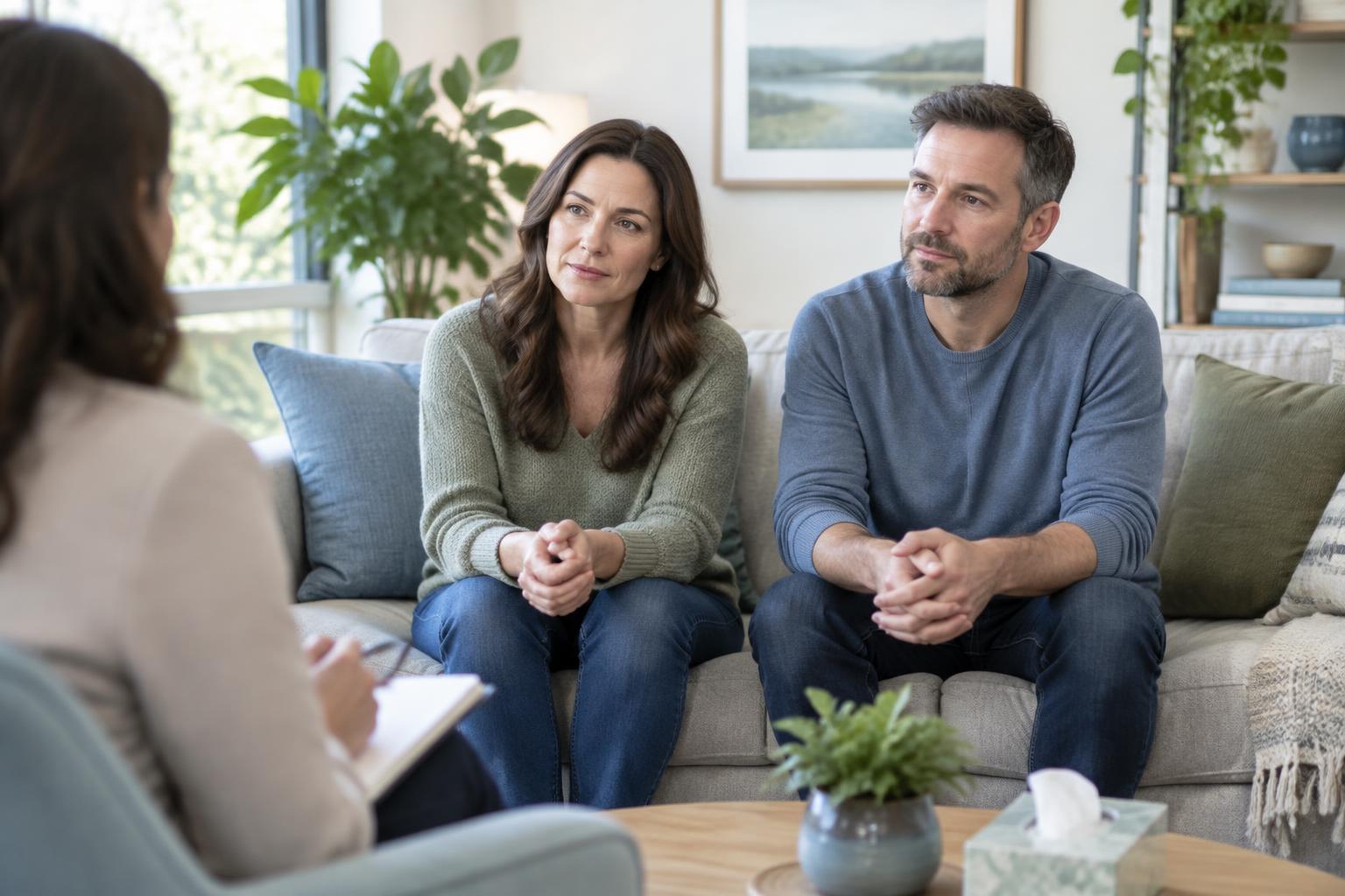 A couple listening together during a conversation with a therapist in a welcoming counseling room.