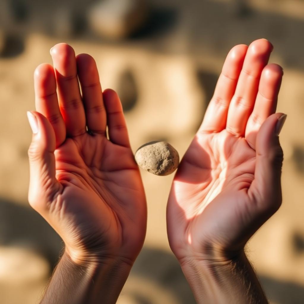 Two open hands cradling a small stone in soft natural light.