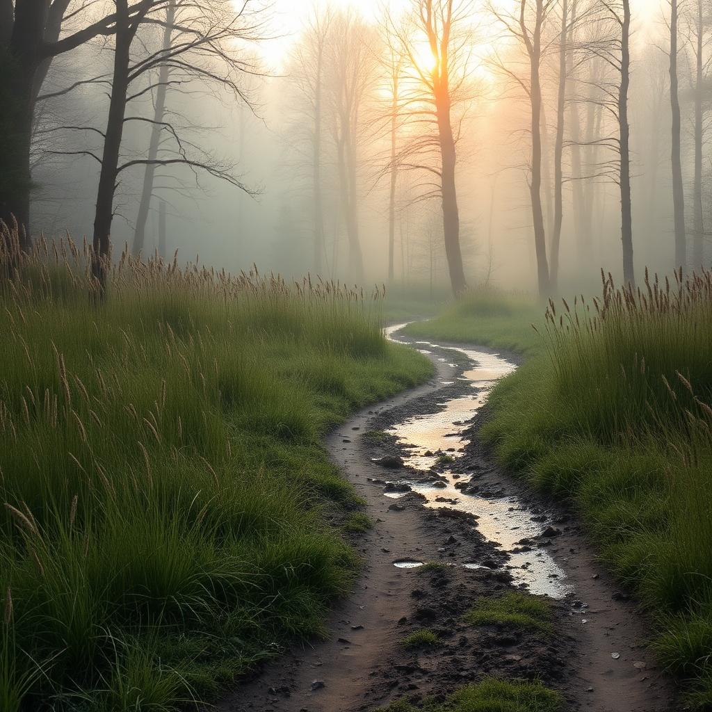 A winding muddy path through tall grass leading into a misty forest, golden morning light breaking through the trees, no people, symbolizing the therapeutic journey of going through difficulty rather than around it.