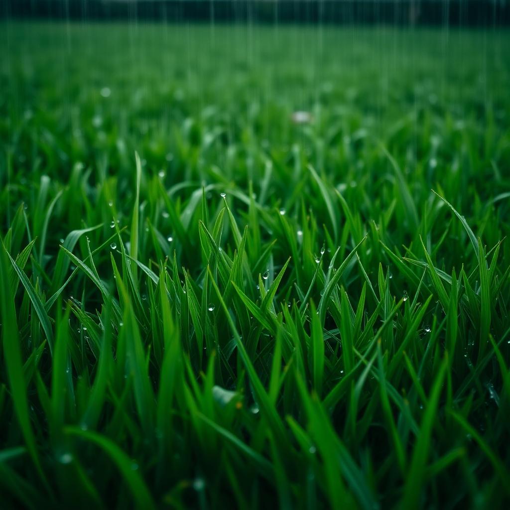 A lush vivid green lawn seen through a soft rain shower, water droplets glistening on blades of grass, gentle rain falling, calm and contemplative, no people.