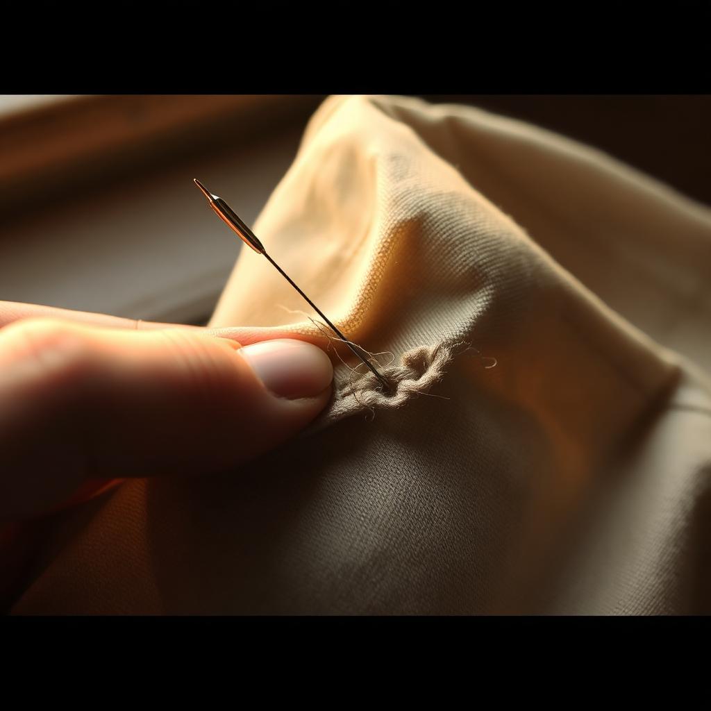 A hand gently mending torn fabric with needle and thread in warm light.