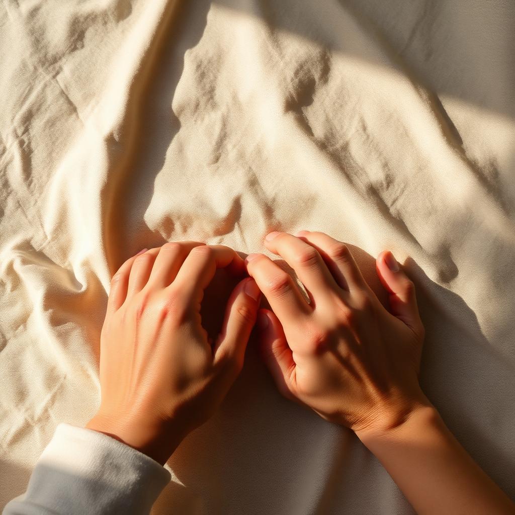 Two hands almost touching on soft linen, symbolizing vulnerability.