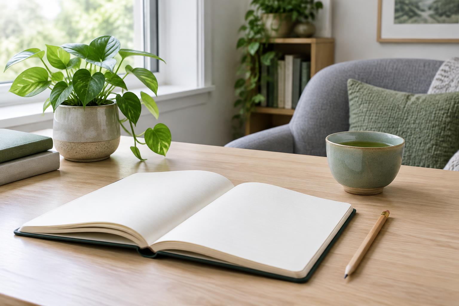An open notebook, pencil, tea cup, and leafy plant beside a bright window in a quiet counseling office.