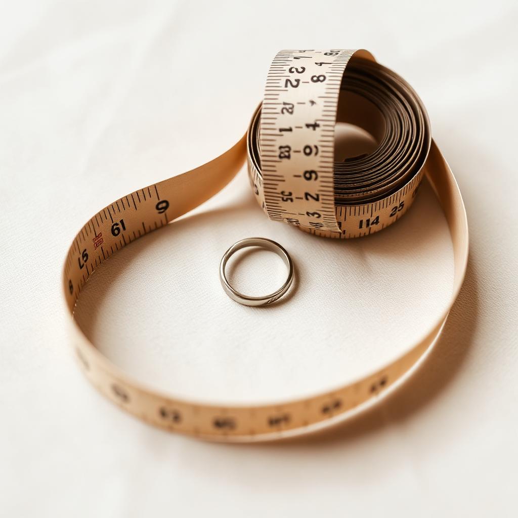 A wedding ring and a tape measure resting together, a symbolic still life.