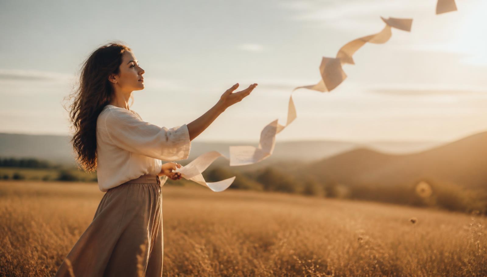 A woman standing in a sunlit open field at golden hour, gently releasing a ribbon of papers into the breeze, letting go of rigid expectations. Warm, hopeful, reflective mood.