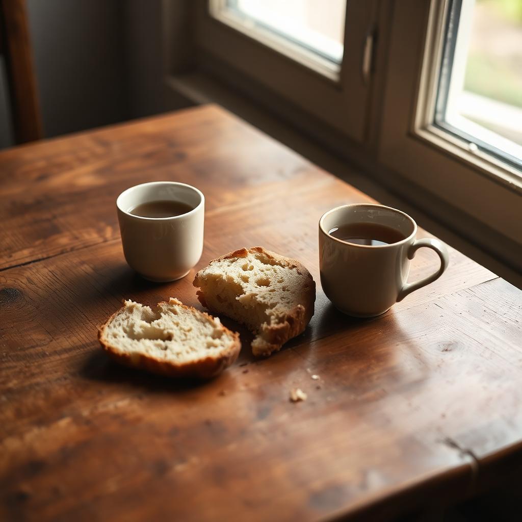 A quiet wooden table with bread and tea in warm window light.