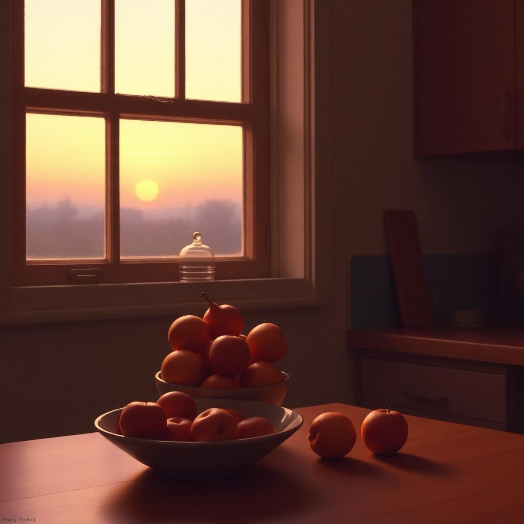 A quiet kitchen scene at dusk with a bowl of fruit and soft window light.