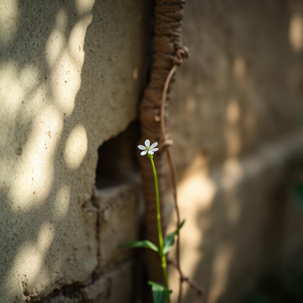 A single delicate flower growing through a crack in a weathered stone wall, soft morning light, no people, symbolizing hidden parts of ourselves finding a way through.