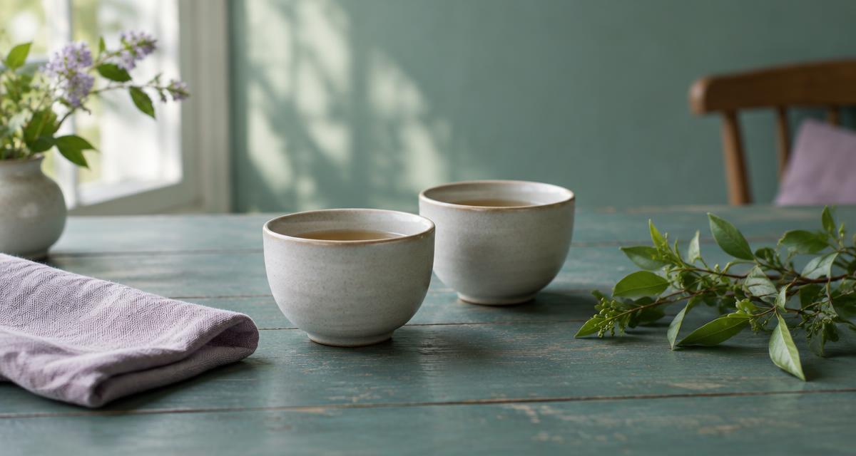 Two ceramic cups beside a lavender linen cloth and green branches in soft window light.
