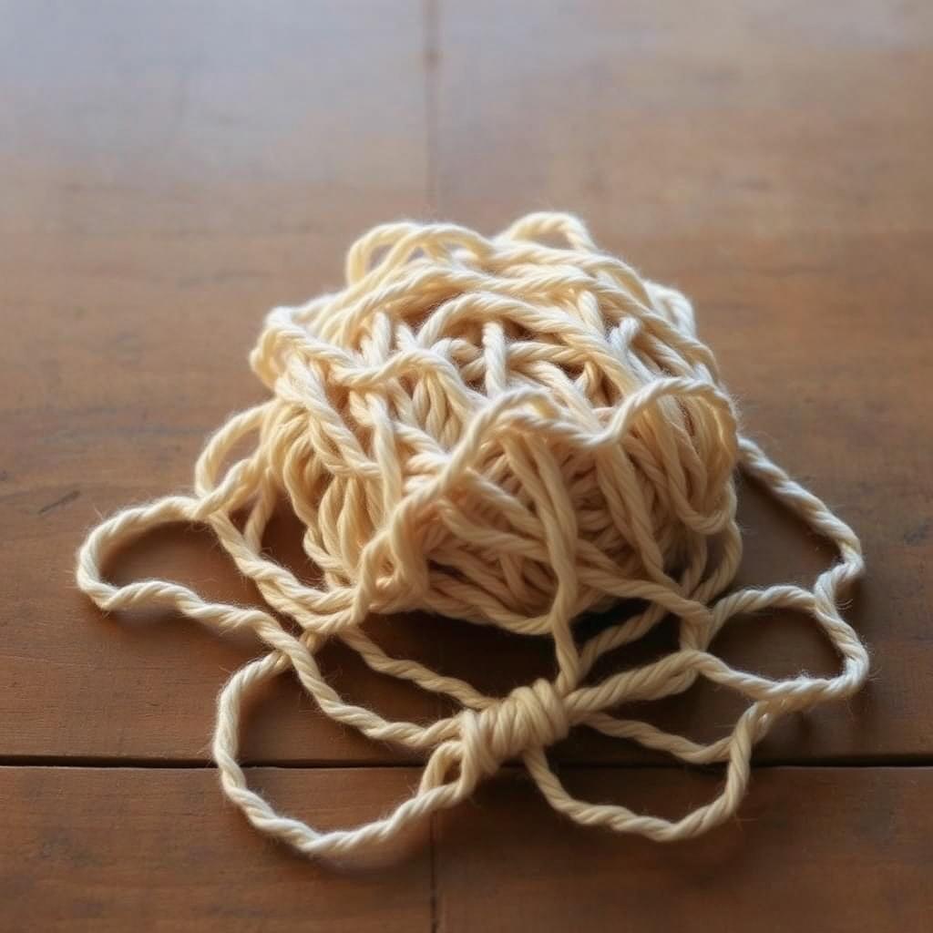 A tangled ball of soft yarn slowly being unraveled on a wooden surface.