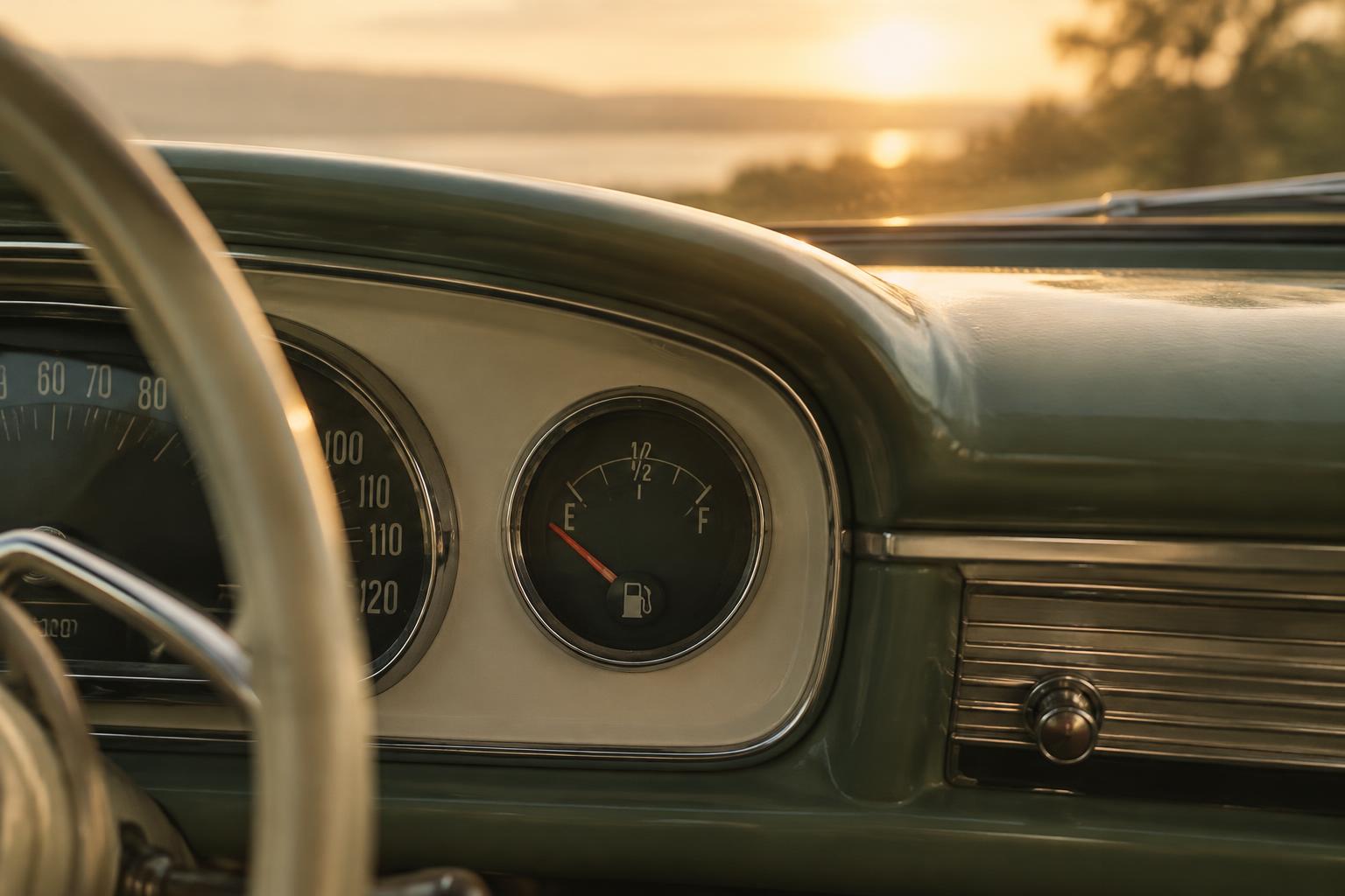 A vintage car dashboard at golden hour with the fuel gauge needle resting on empty, suggesting emotional depletion and the need to refuel.