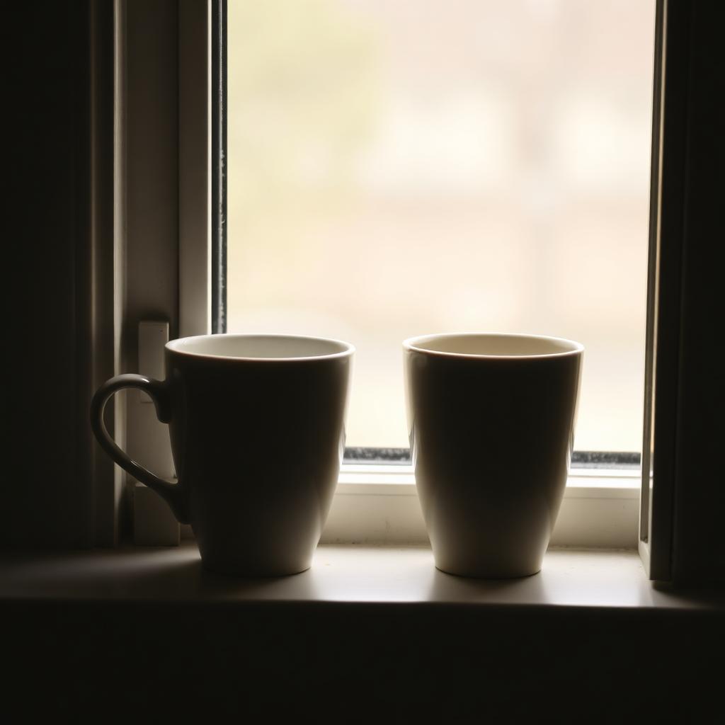 Two coffee cups on a windowsill in soft morning light.