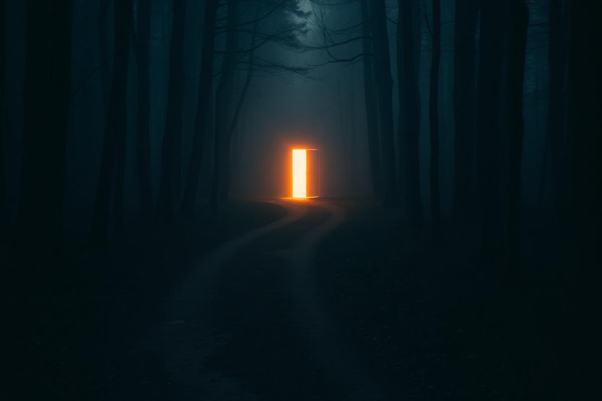 A long winding forest path leading toward a softly glowing open doorway in the mist, symbolizing facing an uncomfortable truth, no people, warm natural light.