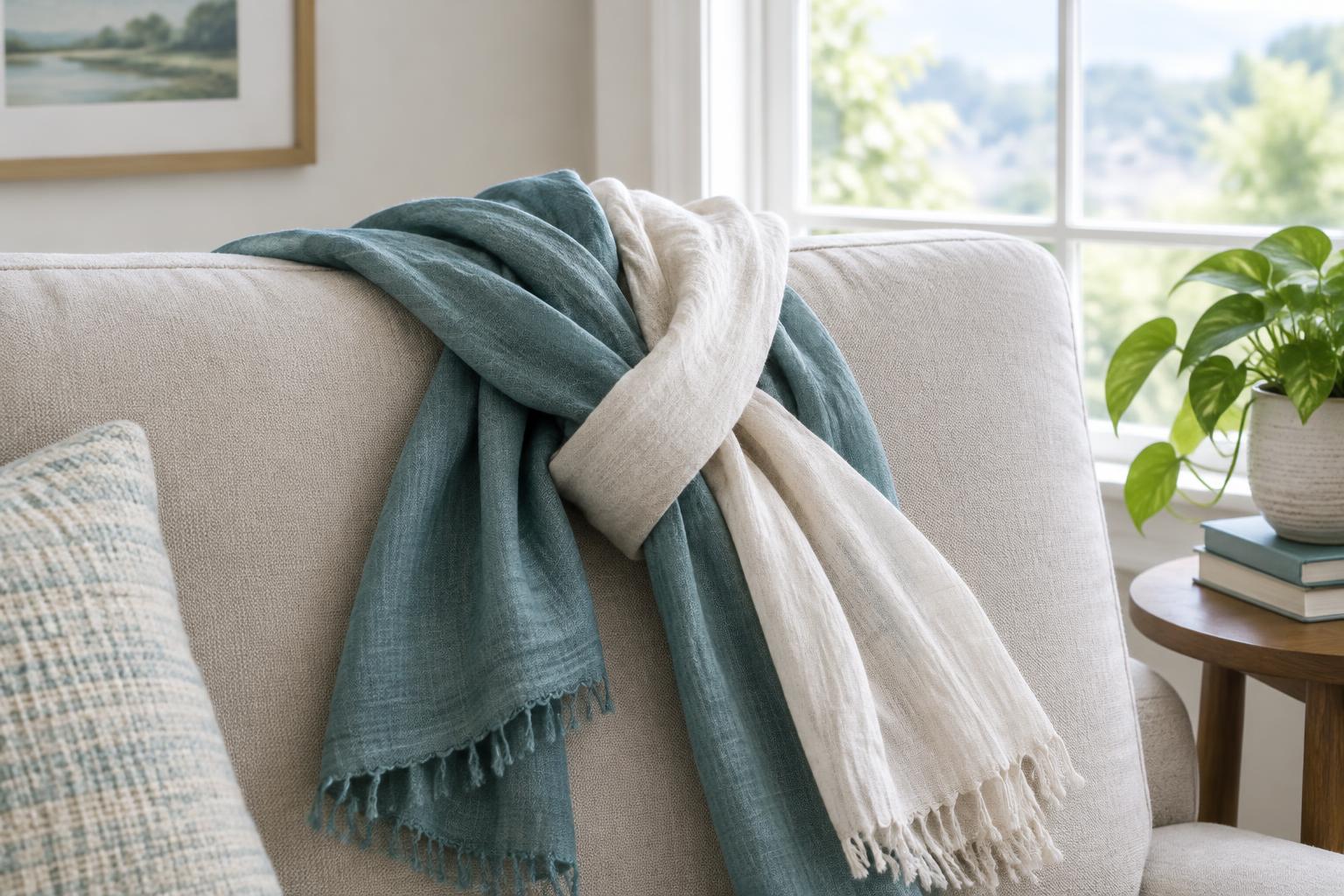 Teal and ivory scarves intertwined on a sofa in a sunlit room, suggesting comfort and mutual support.